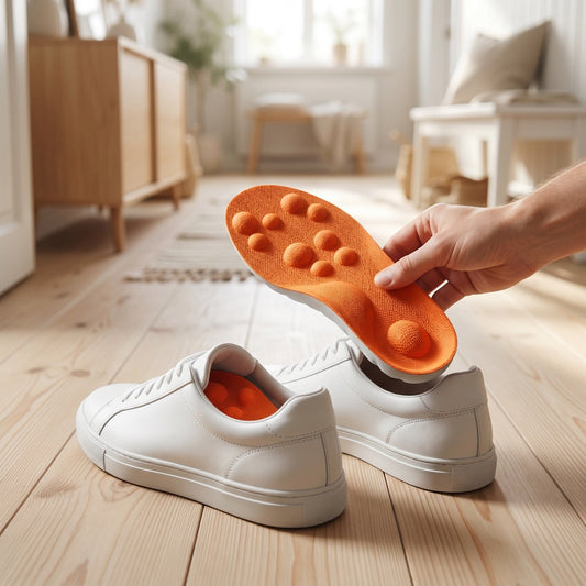Hand sätter orange ergonomisk innersula i en vit sneaker