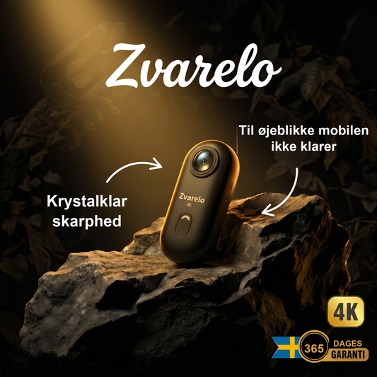 Zvarelo — Actionkameraet der filmer eventyr i 4K med vandtæt hølster og fastgørelser til hjelm, cykel og surfboard