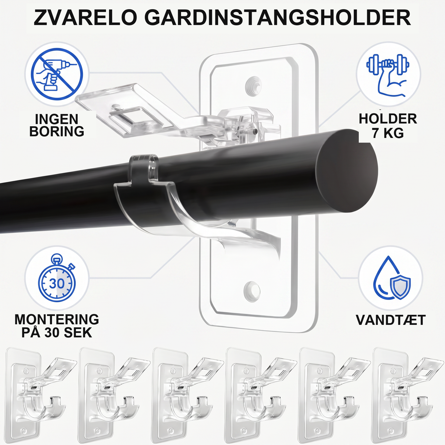 Zvarelo — Gardinstangsholderen, der sidder fast uden boring og ikke efterlader mærker