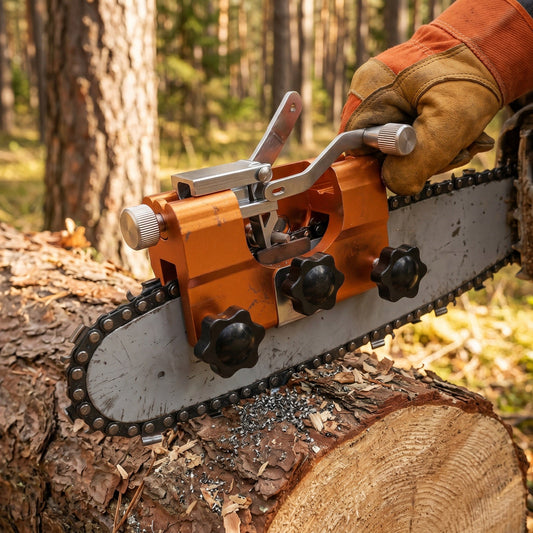 Hand i arbetshandske sliper motorsågskedjan med orange Nordslip kedjeslip monterad på svärdet i skogen