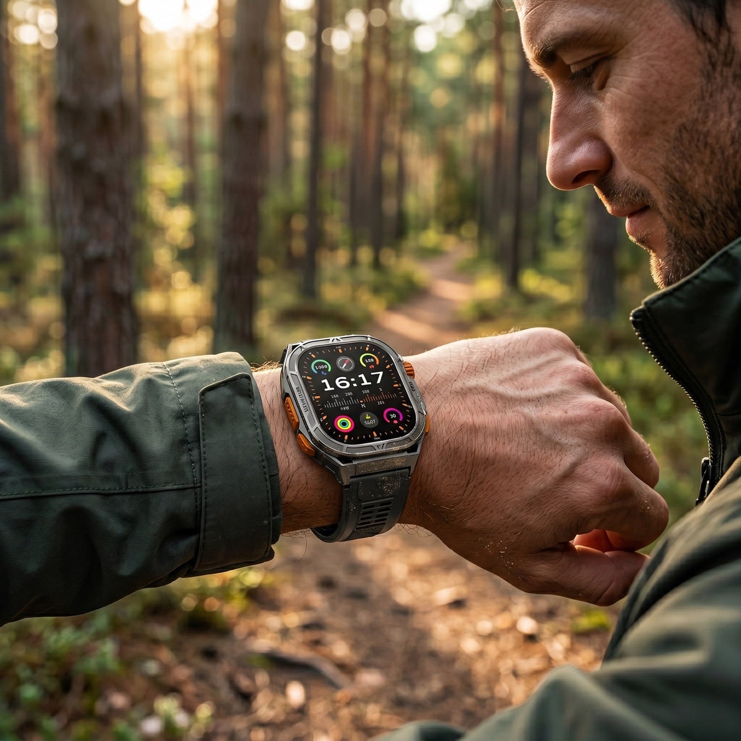 Person i grön outdoorjacka kollar den robusta smartklockan med AMOLED-display på handleden i skogen