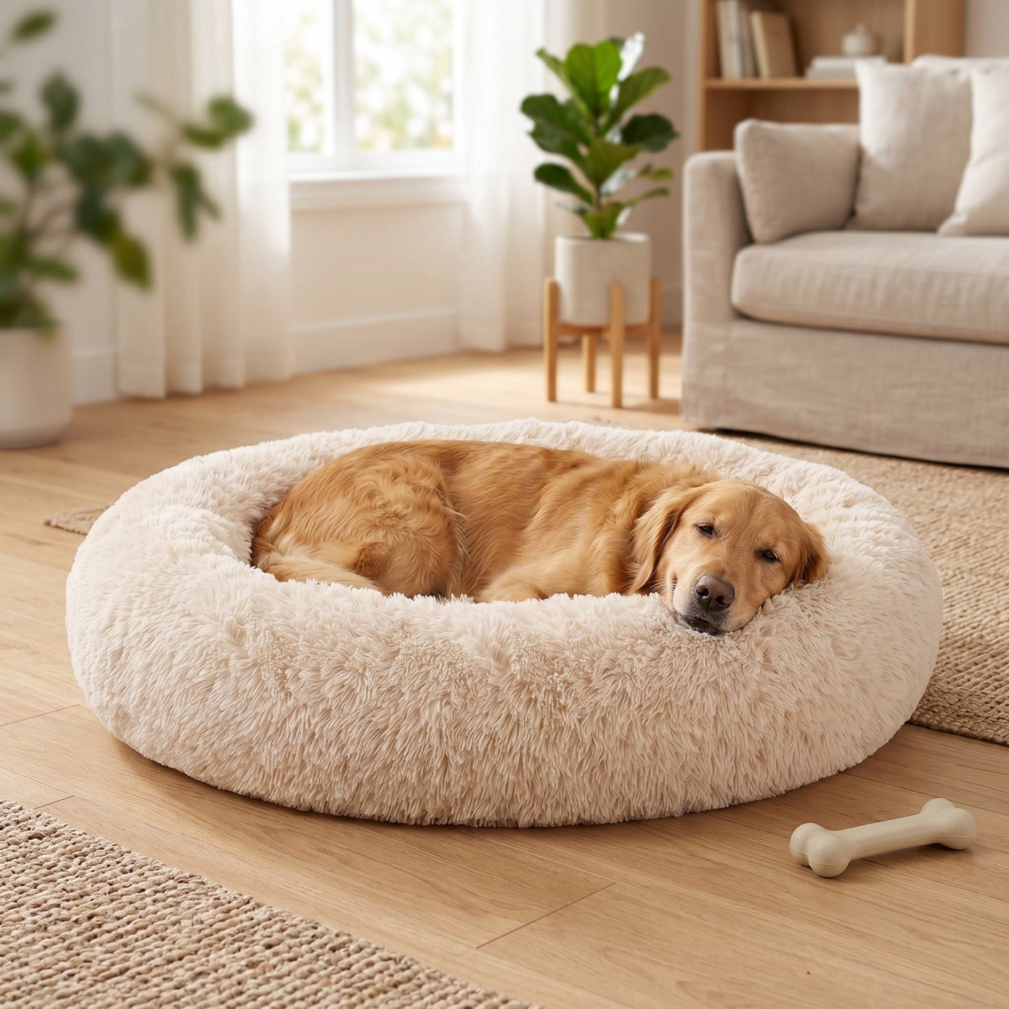 Golden retriever vilar hopkrupen i den runda fluffiga beige ortopediska hundbädden i ett ljust vardagsrum