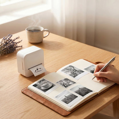 Vit portabel bläckfri fotoskrivare skriver ut foto bredvid en fotodagbok på ett ekbord