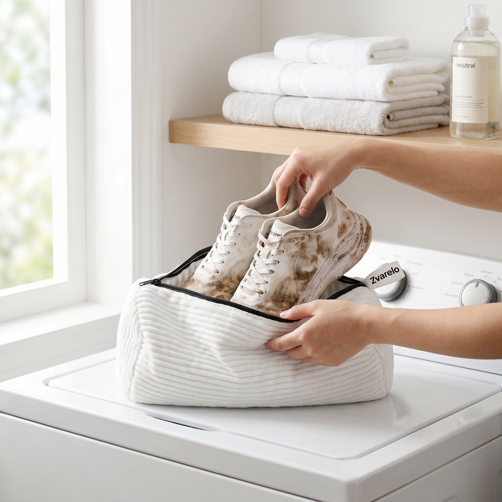 Skotvättpåse med smutsiga sneakers i tvättstuga