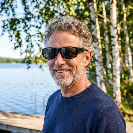 Man med polariserade solglasögon vid sjö